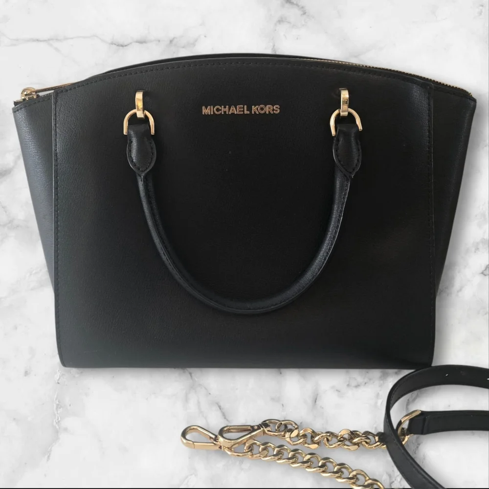 Michael Kors Ellis Black‎ Safianno Leather Satchel Gold Hardware ☆